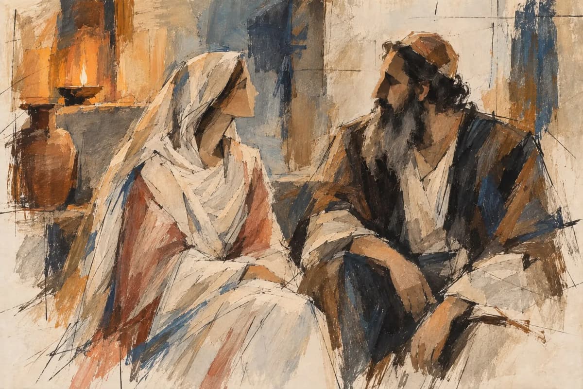 Rachel and Akiva sit quietly together in a humble dwelling by warm candlelight