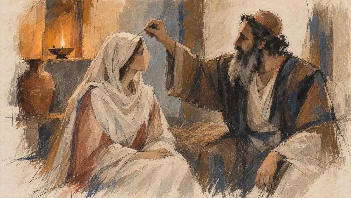 Akiva gently lifts a small piece of straw from the outside of Rachel’s head covering, in a drawing by lamplight