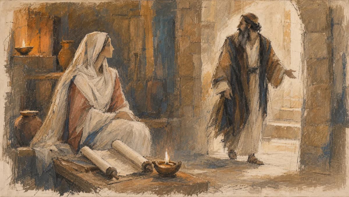Rachel watches Akiva move toward a light-filled threshold; parchment and an oil lamp suggest a life of learning