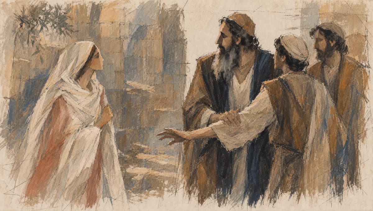 Akiva recognizes Rachel and gently stops his students from blocking her approach