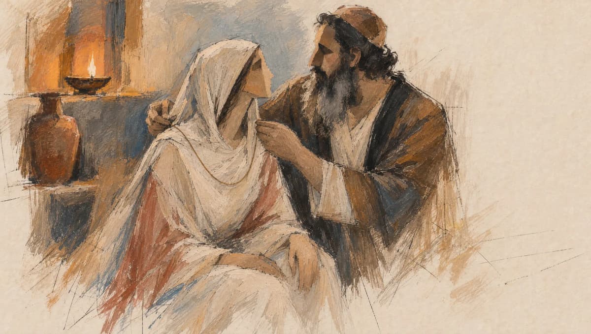 A symbolic gift: Akiva gives Rachel a simple necklace as the drawing opens into ivory paper