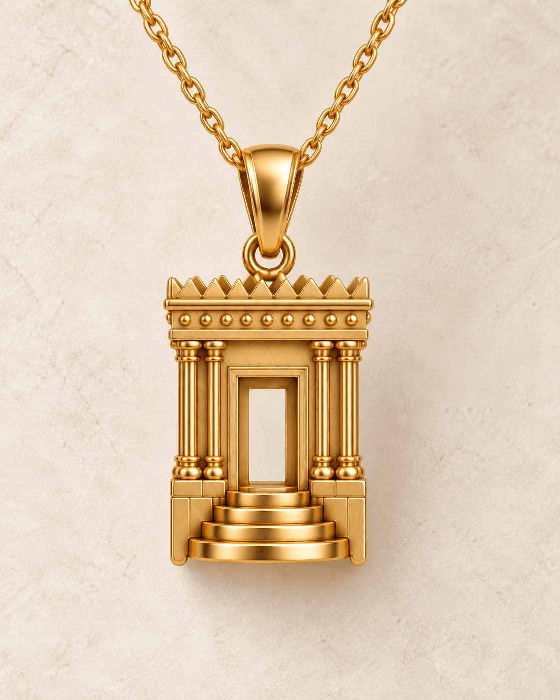 Gold — Main. Front view of the gold architectural pendant on ivory