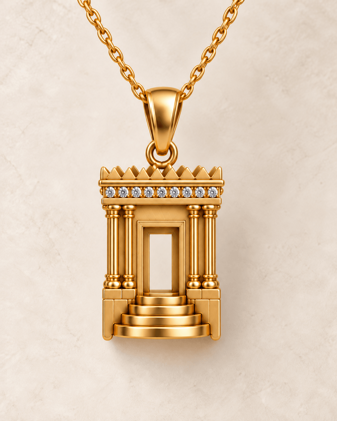 Gold + Diamonds — Main. Provisional gold pendant study with a clear-stone lintel detail