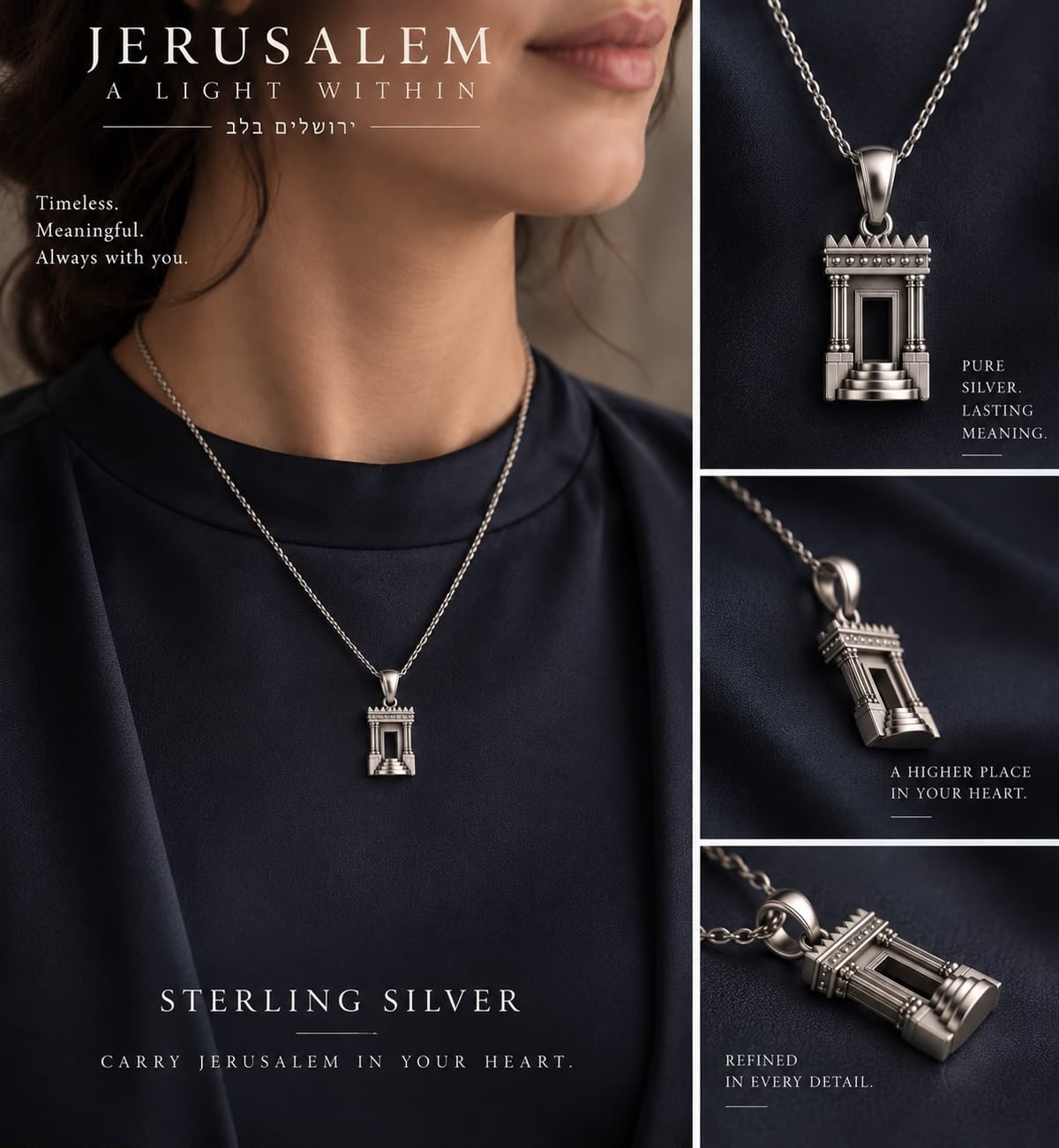 Silver — Detail. Silver-toned necklace worn against dark fabric